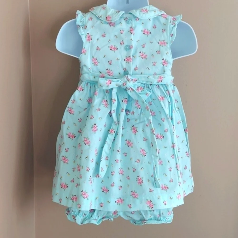 Laura Ashley Turquoise Blue Floral Smocked Tieback Dress with bloomers- sz 9 mos
